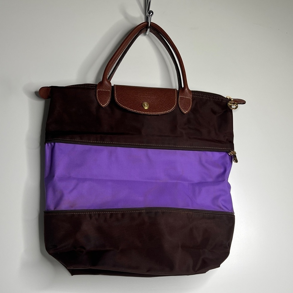 Longchamp Le Pliage Expandable Tote Bag Brown Purple Nylon Brown Leather Handles
